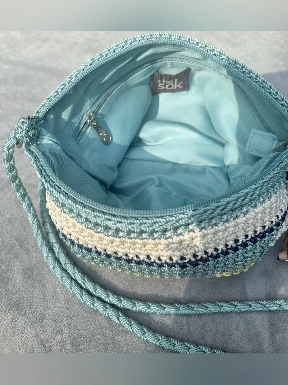 The Sak Striped Crochet Shoulder Bag in Aqua, Navy, Cream & Yellow